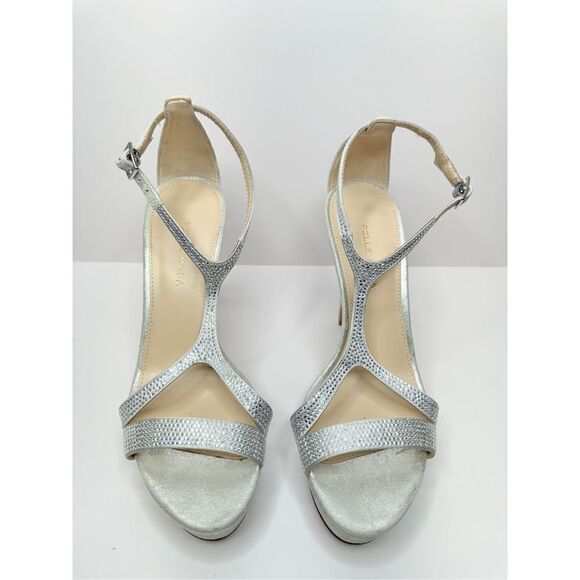Pelle Moda Onora Sandal Size 9 Silver Metallic Suede Ankle Strap Rhinestone - Picture 2 of 9